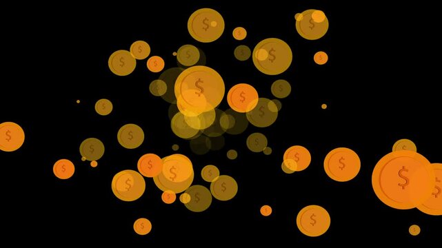 Scattered golden coins floating against dark cosmic background. Scattered golden coins animation for wealth themes. Scattered golden coins visual for financial projects.