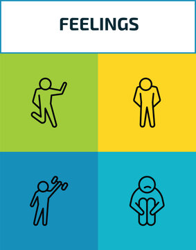 feelings outline icon set. 4 linear vector for ui, web and mobile. thin line crappy human, down human, strong human, sad icons.