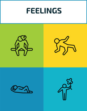 feelings outline icon set. 4 linear vector for ui, web and mobile. thin line heartbroken human, ecstatic human, comfortable human, lucky icons.