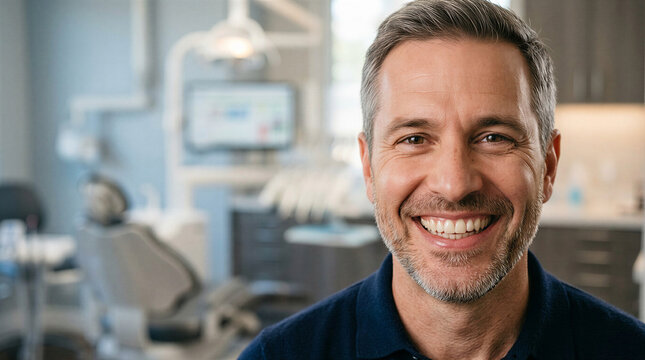 Smiling man posing in dental office with modern equipment in background  