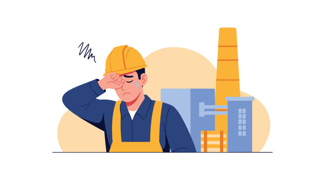 Exhausted male construction worker in a yellow safety helmet looking stressed at an industrial factory site.
