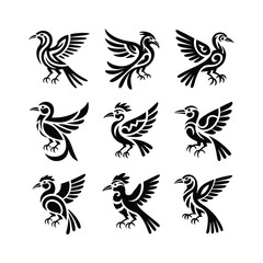 Fototapeta premium Collection of Nine Stylized Tribal Bird Silhouettes with Intricate Decorative Patterns
