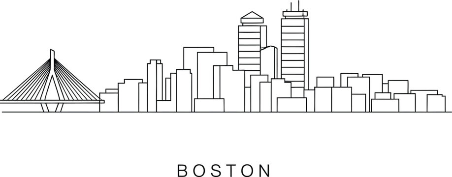 Boston city skyline with landmark buildings and bridge line drawing artwork