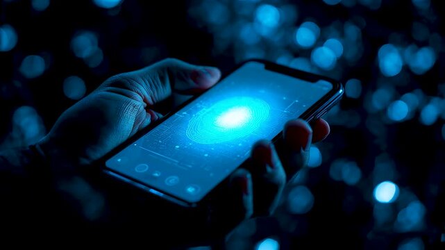 Hand holding smartphone with glowing blue interface and bokeh lights in dark environment showing modern mobile technology and connectivity