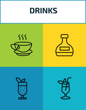 drinks outline icon set. 4 linear vector for ui, web and mobile. thin line tea, mashing, mint julep, tropical itch icons.