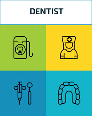 dentist outline icon set. 4 linear vector for ui, web and mobile. thin line dental floss, male nurse, dental hook, maxilla icons. © Farahim