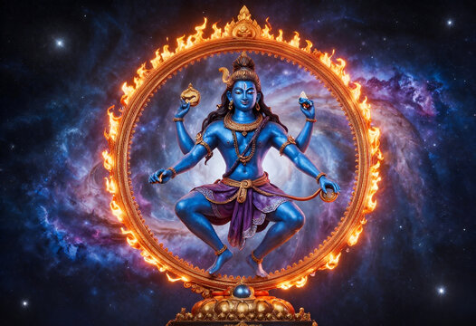 Cosmic Lord Shiva Nataraja Dancing in the Universe &ndash; Divine Tandava with Fiery Halo, Galaxy Background and Spiritual Hindu God Digital Art.