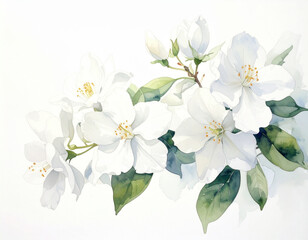 Obraz premium Delicate watercolor portrayal of pure white jasmine blossoms adorning a branch, evoking serene spring beauty and botanical grace