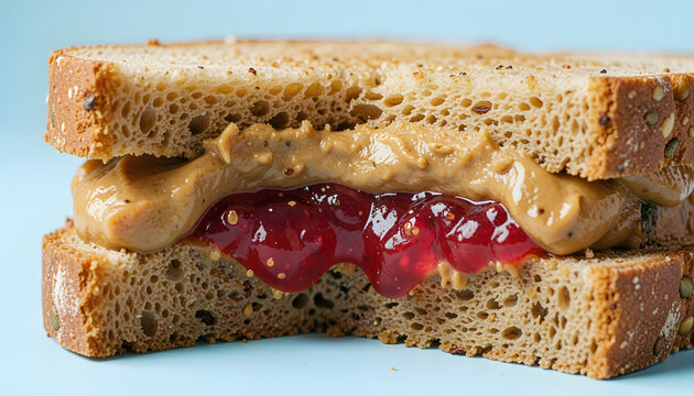 Close-up of a sliced toast sandwich half filled with creamy peanut butter and red berry jam, showcasing rich textures and vibrant contrast. Classic comfort food with a nostalgic feel, perfect foodie
