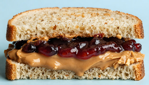 Close-up of a sliced toast sandwich half filled with creamy peanut butter and red berry jam, showcasing rich textures and vibrant contrast. Classic comfort food with a nostalgic feel, perfect foodie