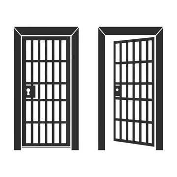 Vector of a closed and an open barred door resembling prison doors
