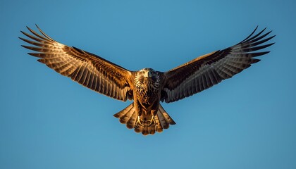 Fototapeta premium A magnificent golden eagle with rich brown plumage and wide wings soars directly towards the camera in a clear blue sky.