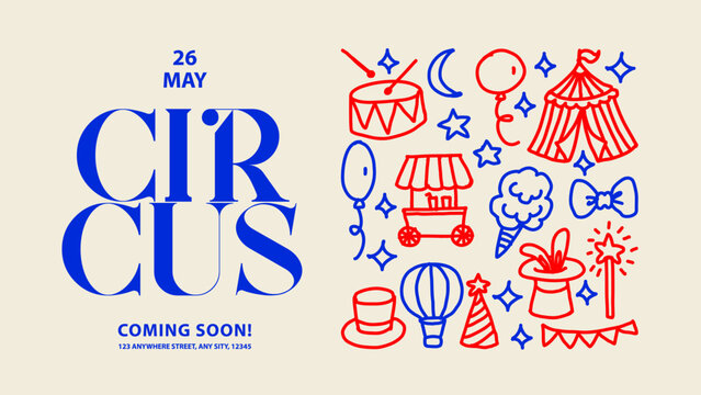 Circus poster with tent, drum, balloons, cotton candy, magic hat. Kids event design. Cirque performance, funny carnival, party banner. Hand drawn vector illustration.