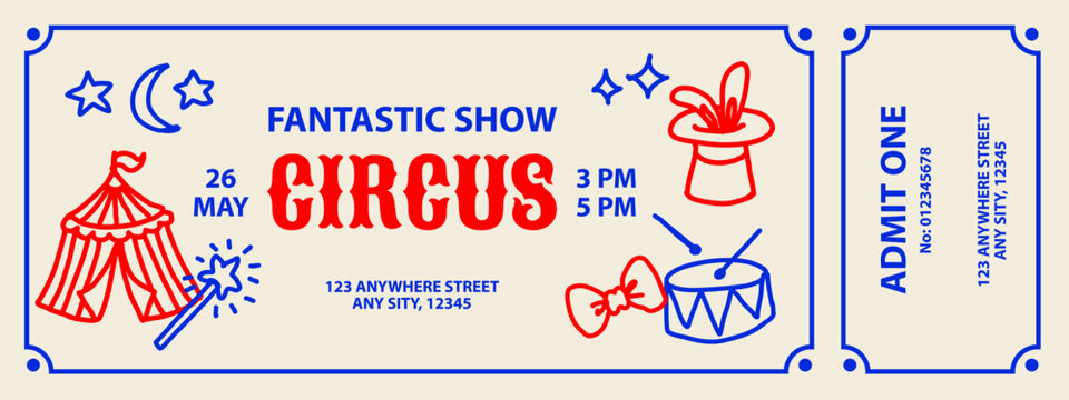 Circus sketch doodle ticket mockup. Kids event design. Cirque performance, funny carnival, party banner. Hand drawn vector illustration.
