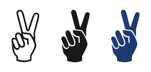 Obraz premium Victory Sign Hand Symbol Collection – Peace Gesture Vector in Line, Glyph and Color Styles