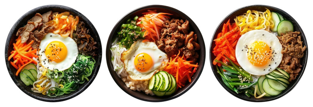 PNG Colorful Korean bibimbap bowls, transparent background