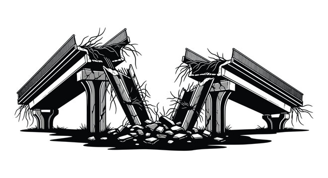A broken bridge rendered in stark black and white showcasing destruction and decay with a dramatic silhouette high quality professional detailed