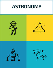 astronomy outline icon set. 4 linear vector for ui, web and mobile. thin line spaceman, triangulam australe, space lander, milky way icons. © Farahim
