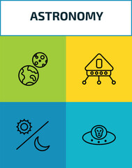 astronomy outline icon set. 4 linear vector for ui, web and mobile. thin line earth and moon, lander, day and night, alien with aqualung icons. © Farahim