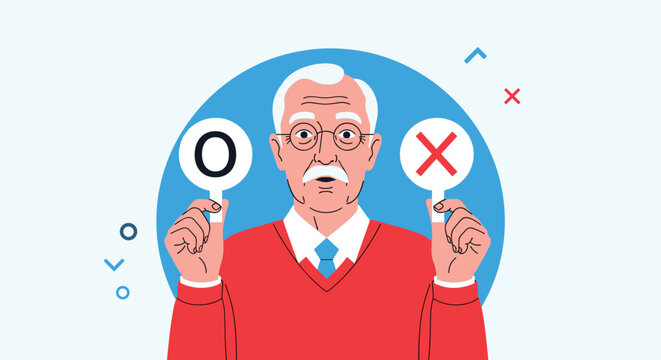 Senior man looking surprised while holding up correct O and incorrect X signs to provide feedback or answers in a quiz setting.