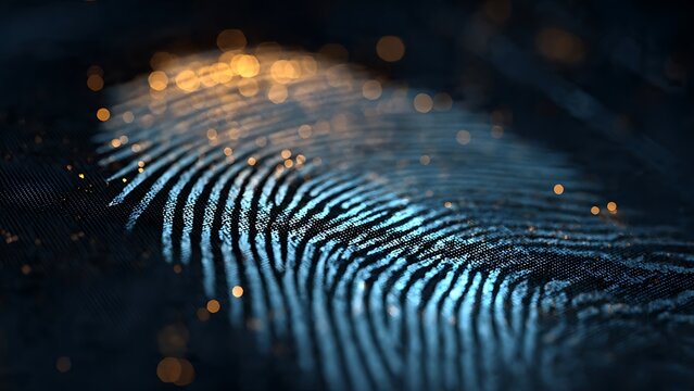 Close-up biometric fingerprint scan with glowing light texture