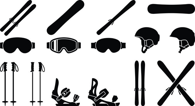 Winter sports equipment silhouette set including skis poles goggles helmets bindings and accessories isolated black icons for alpine skiing snowboarding design vector