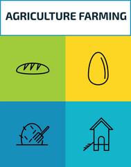 agriculture farming outline icon set. 4 linear vector for ui, web and mobile. thin line bread, egg, hay, chicken coop icons. © Farahim