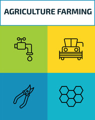 agriculture farming outline icon set. 4 linear vector for ui, web and mobile. thin line faucet, harvester, shears, honeycomb icons.