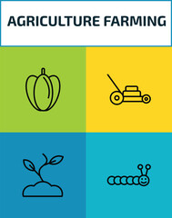 agriculture farming outline icon set. 4 linear vector for ui, web and mobile. thin line capsicum, lawnmower, plant sprout, caterpillar icons.