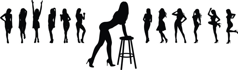 Women silhouettes vector set isolated on white background, fashionable female poses with heels and stool for lifestyle design, beauty, modeling, clipart elements