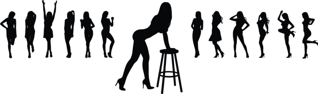 Women silhouettes vector set isolated on white background, fashionable female poses with heels and stool for lifestyle design, beauty, modeling, clipart elements