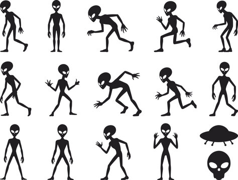 Alien silhouettes collection vector set isolated on white background, extraterrestrial character poses, UFO and head icons for sci fi design, clipart, branding elements