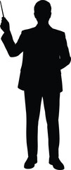 Fototapeta premium Businessman presenter silhouette holding pointer giving presentation isolated on white background vector illustration for teaching training leadership and corporate communication concept design