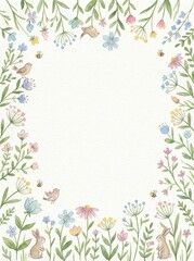 Fototapeta premium Whimsical floral border with rabbits birds and insects on white background watercolor illustration for easter spring or garden designs