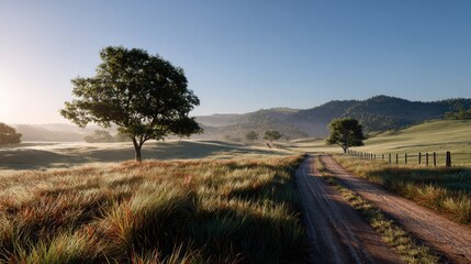 Fototapeta premium Golden Hour Meadow Scene: Serene dirt road cuts through a golden meadow dotted with trees. A sense of peace and natural beauty in a bright and sunny landscape.