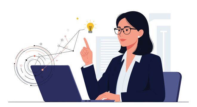 Creative businesswoman working on a laptop while a lightbulb icon appears above her representing a new business idea or solution.