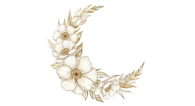 White Flower Wreath with Dried Grass Elements on a Black Background with Green Screen Area floral blossom