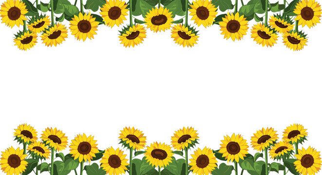 Decorative horizontal border featuring vibrant yellow sunflowers with green leaves on the top and bottom of a white space.