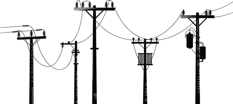 Electric power line poles silhouettes collection featuring utility transmission structures with wires transformers isolated on white background vector illustration for energy infrastructure design