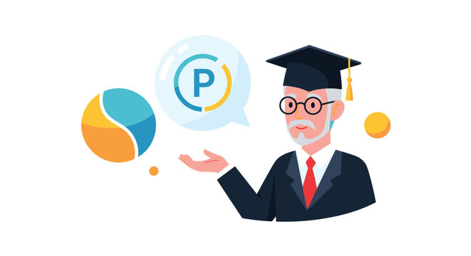 Senior professor in graduation cap and suit pointing towards a bubble containing a P symbol for reward points.