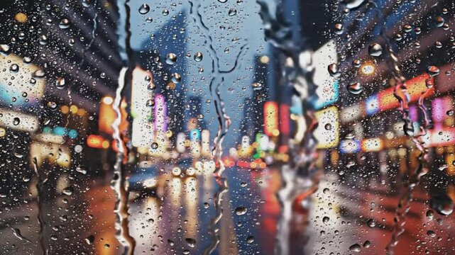 Rainy night view of city lights through a window covered with raindrops creating a blurred cityscape