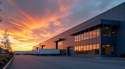 Obraz premium A modern, sleek logistics warehouse with dark blue and metallic paneling and large glass windows stands at sunset, its facade glowing with warm orange light from the sky. 
