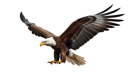 Obraz premium A majestic bald eagle with wide wings spread mid-flight, descending gracefully on a clear white background.