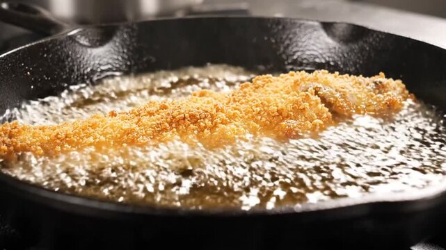 Crispy Breaded Fish Fillet Frying in a Cast Iron Skillet with Bubbling Hot Oil