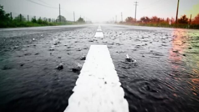 Rain falling on the road, creating ripples and splashing, a moody, low angle shot with a road line in the middle.