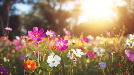 Fototapeta premium stem. A vibrant cosmos flower in close-up with a softly blurred field behind it. gardening catalogs, home-decor guides, designed for gardening and botanical catalogs, celebrates nature. 