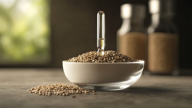 Close-up of barley grains in a bowl with a hydrometer for brewing or distilling.