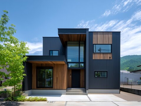 青空の下に建つモダンな外観デザインと木目が調和したおしゃれな一軒家の注文住宅の外観