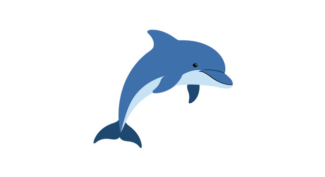 Graceful blue dolphin jumping out of the water against a clean white background in a simple vector illustration.