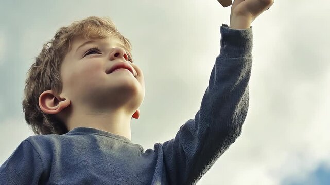 Young boy looking up at the sky holding a toy airplane, dreaming of adventure